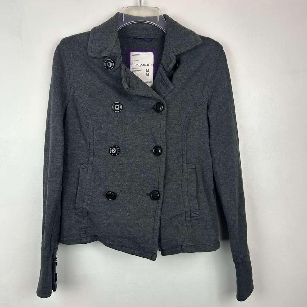 Aeropostale Peacoat Jacket Womens Medium Gray Cotton Double Breasted Y2K